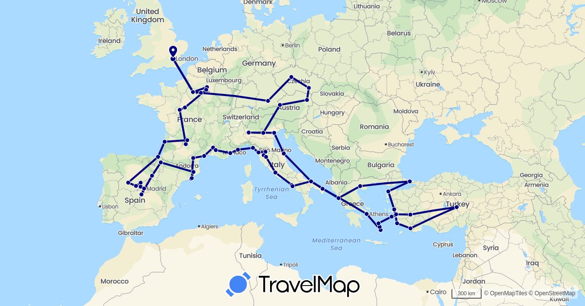 TravelMap itinerary: driving in Austria, Czech Republic, Germany, Spain, France, United Kingdom, Greece, Italy, Turkey (Asia, Europe)