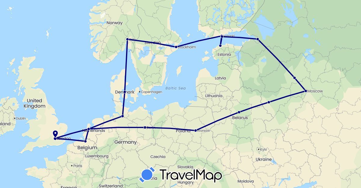 TravelMap itinerary: driving in Belgium, Belarus, Germany, Denmark, Estonia, Finland, United Kingdom, Netherlands, Norway, Poland, Russia, Sweden (Europe)