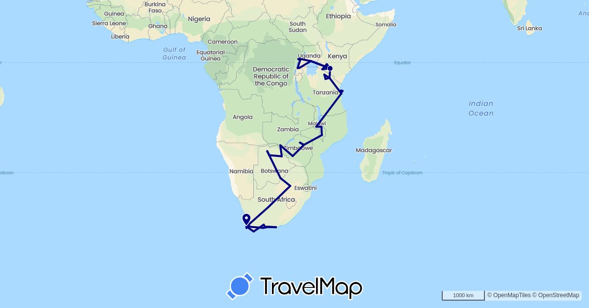 TravelMap itinerary: driving in Botswana, Democratic Republic of the Congo, Kenya, Malawi, Tanzania, Uganda, South Africa, Zimbabwe (Africa)
